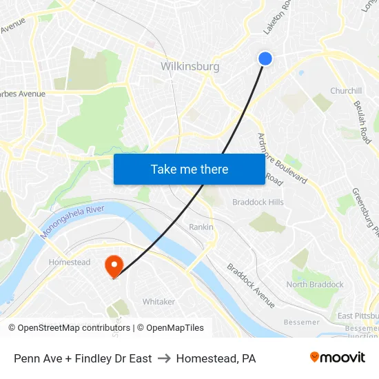 Penn Ave + Findley Dr East to Homestead, PA map