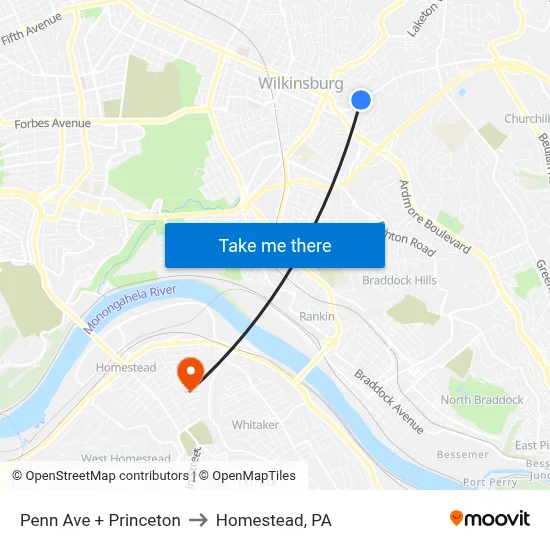 Penn Ave + Princeton to Homestead, PA map