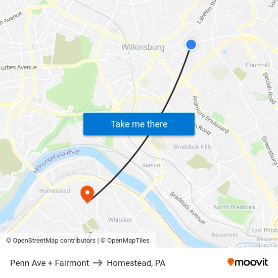 Penn Ave + Fairmont to Homestead, PA map