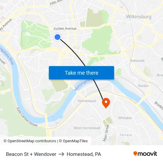 Beacon St + Wendover to Homestead, PA map