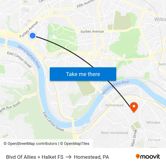 Blvd Of Allies + Halket FS to Homestead, PA map