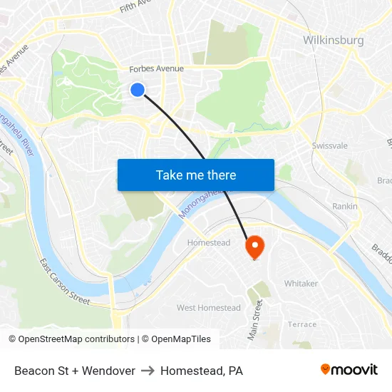 Beacon St + Wendover to Homestead, PA map
