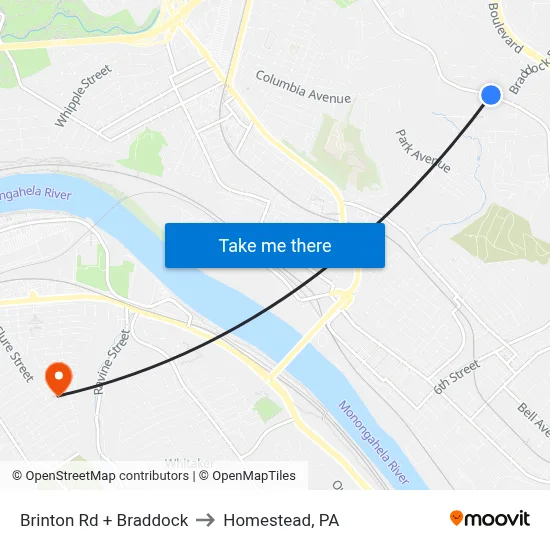 Brinton Rd + Braddock to Homestead, PA map