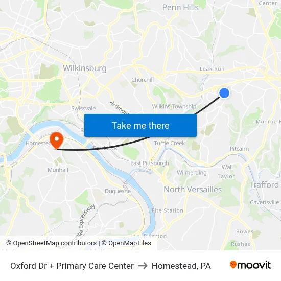 Oxford Dr + Primary Care Center to Homestead, PA map