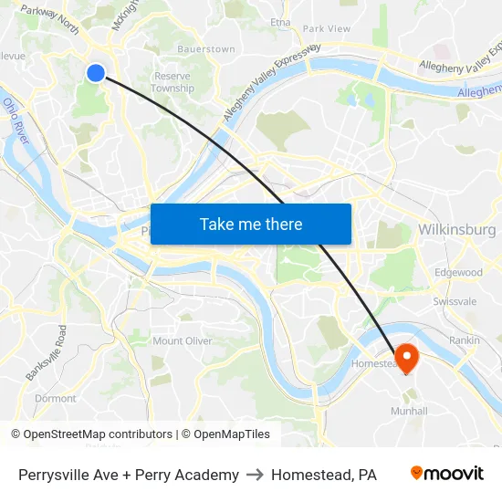 Perrysville Ave + Perry Academy to Homestead, PA map
