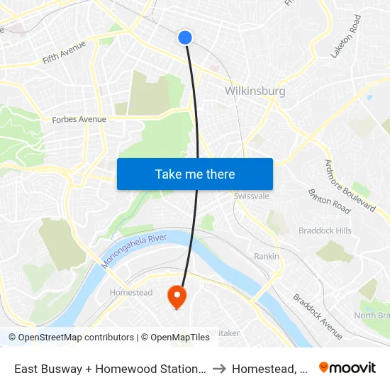 East Busway + Homewood Station A to Homestead, PA map