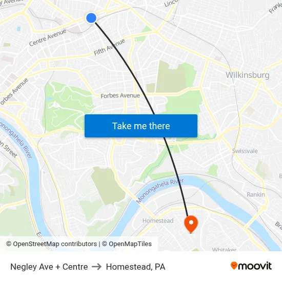 Negley Ave + Centre to Homestead, PA map
