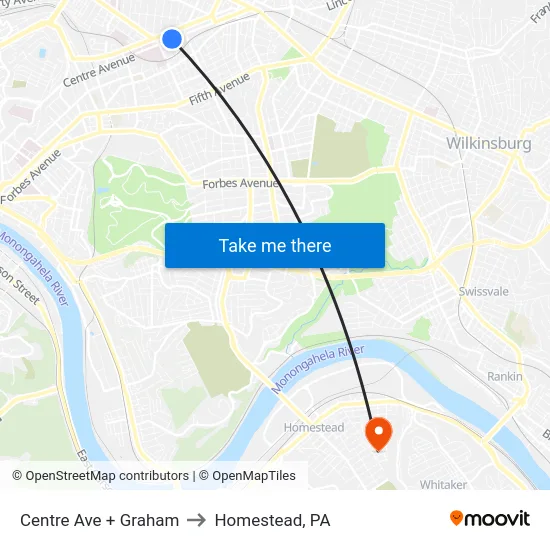 Centre Ave + Graham to Homestead, PA map
