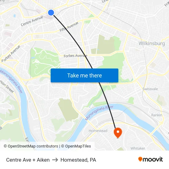 Centre Ave + Aiken to Homestead, PA map