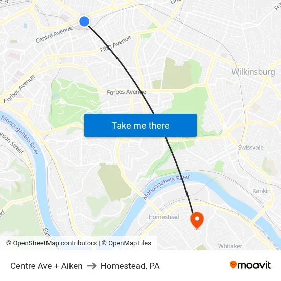 Centre Ave + Aiken to Homestead, PA map