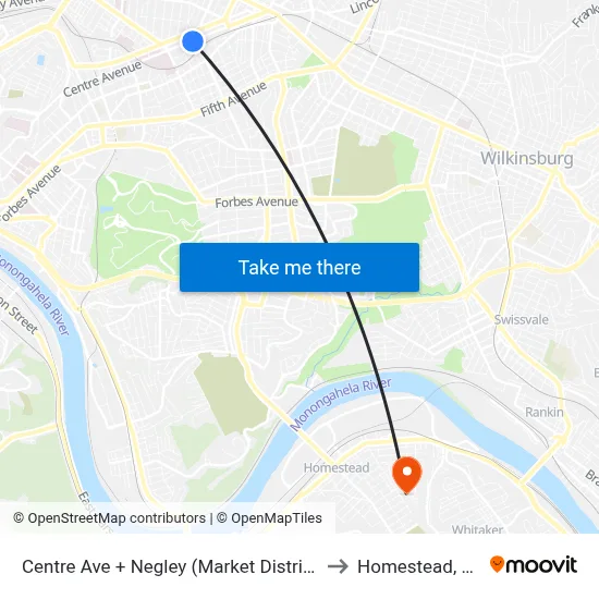 Centre Ave + Negley (Market District) to Homestead, PA map