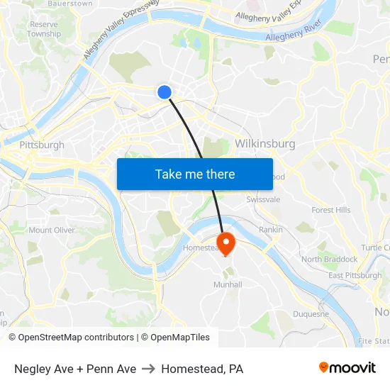 Negley Ave + Penn Ave to Homestead, PA map