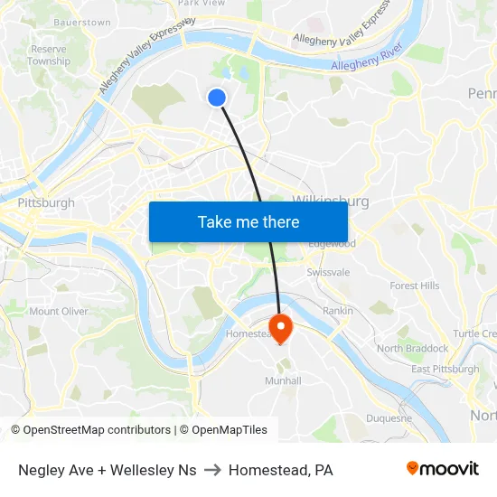 Negley Ave + Wellesley Ns to Homestead, PA map