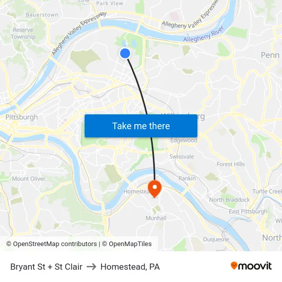 Bryant St + St Clair to Homestead, PA map