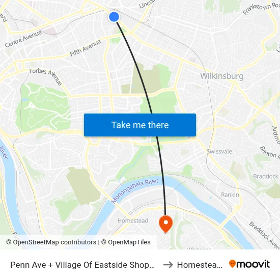 Penn Ave + Village Of Eastside Shopping Center to Homestead, PA map