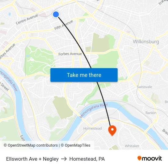 Ellsworth Ave + Negley to Homestead, PA map