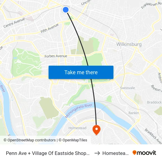 Penn Ave + Village Of Eastside Shopping Center to Homestead, PA map