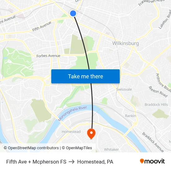 Fifth Ave + Mcpherson FS to Homestead, PA map