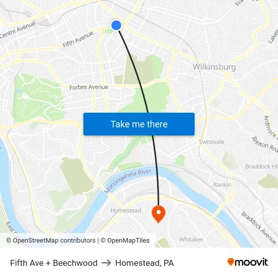 Fifth Ave + Beechwood to Homestead, PA map