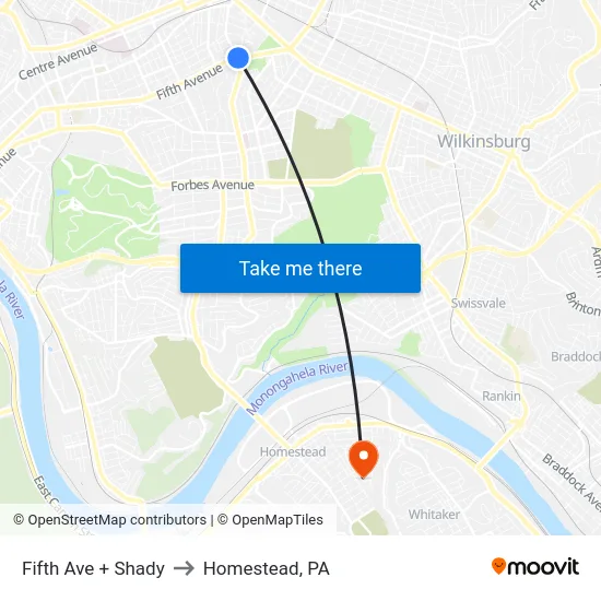 Fifth Ave + Shady to Homestead, PA map