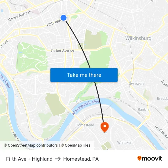 Fifth Ave + Highland to Homestead, PA map