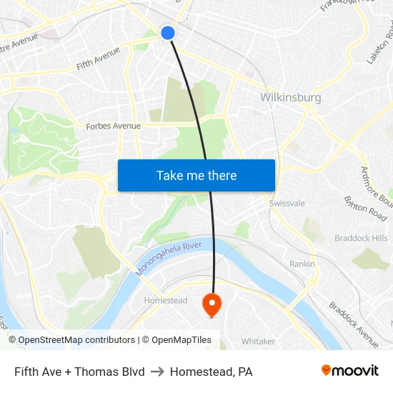 Fifth Ave + Thomas Blvd to Homestead, PA map
