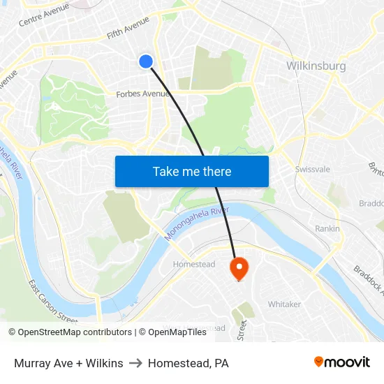 Murray Ave + Wilkins to Homestead, PA map