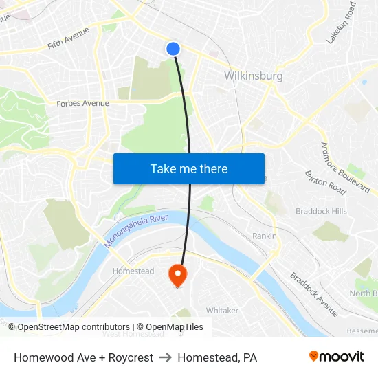 Homewood Ave + Roycrest to Homestead, PA map