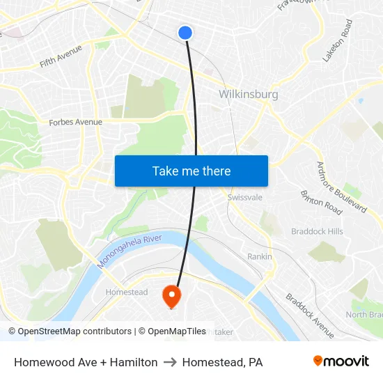 Homewood Ave + Hamilton to Homestead, PA map
