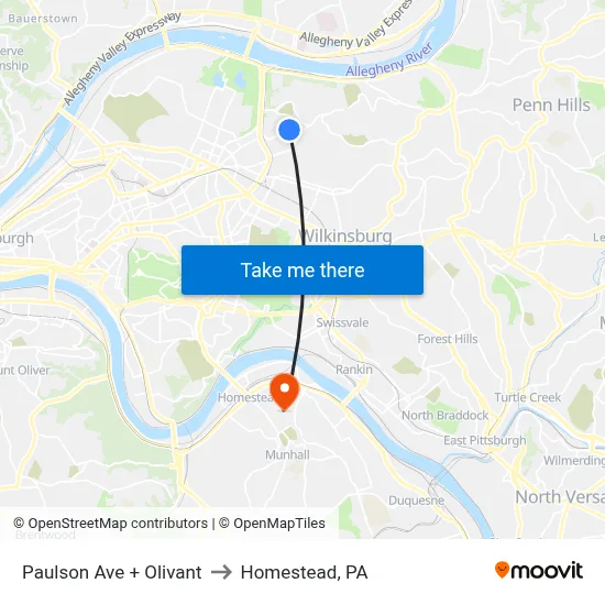Paulson Ave + Olivant to Homestead, PA map