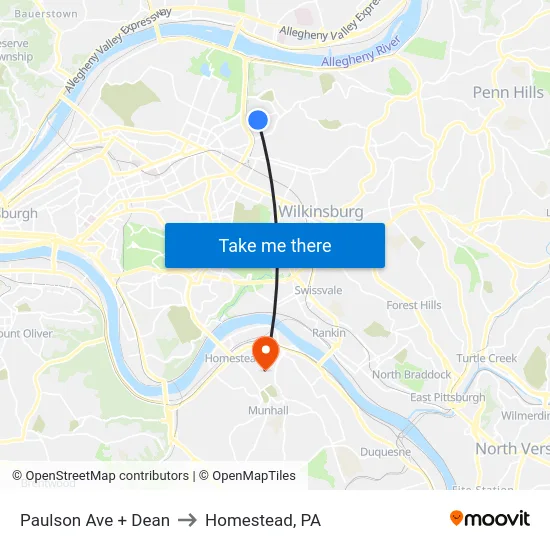Paulson Ave + Dean to Homestead, PA map