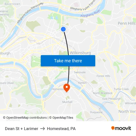 Dean St + Larimer to Homestead, PA map
