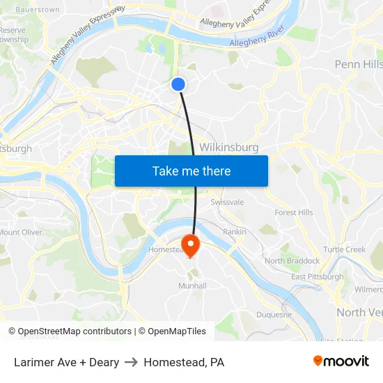 Larimer Ave + Deary to Homestead, PA map
