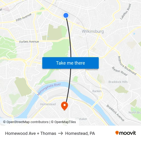 Homewood Ave + Thomas to Homestead, PA map