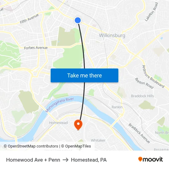 Homewood Ave + Penn to Homestead, PA map