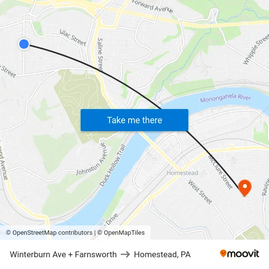 Winterburn Ave + Farnsworth to Homestead, PA map