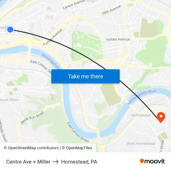 Centre Ave + Miller to Homestead, PA map