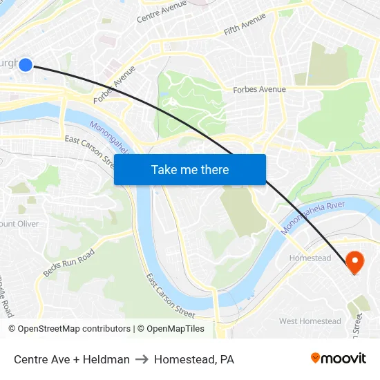Centre Ave + Heldman to Homestead, PA map