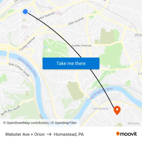 Webster Ave + Orion to Homestead, PA map
