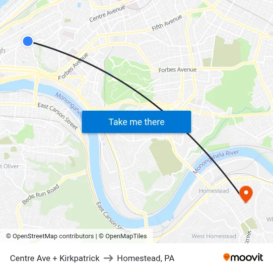 Centre Ave + Kirkpatrick to Homestead, PA map