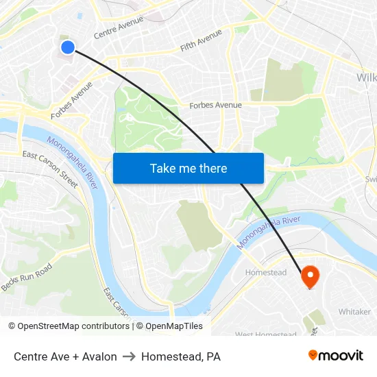 Centre Ave + Avalon to Homestead, PA map