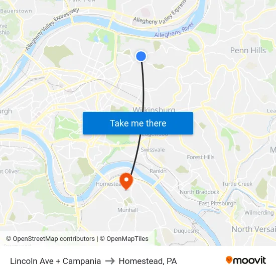 Lincoln Ave + Campania to Homestead, PA map