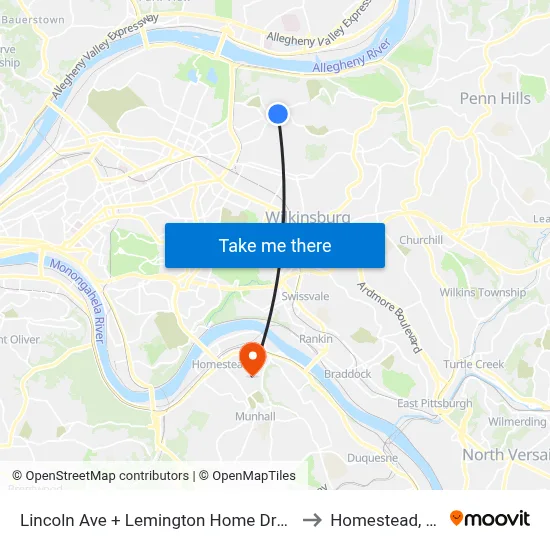 Lincoln Ave + Lemington Home Drvwy to Homestead, PA map