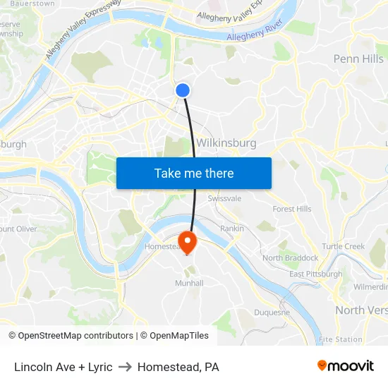 Lincoln Ave + Lyric to Homestead, PA map