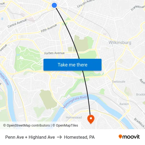 Penn Ave + Highland Ave to Homestead, PA map