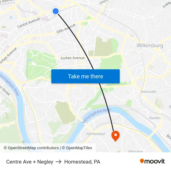 Centre Ave + Negley to Homestead, PA map