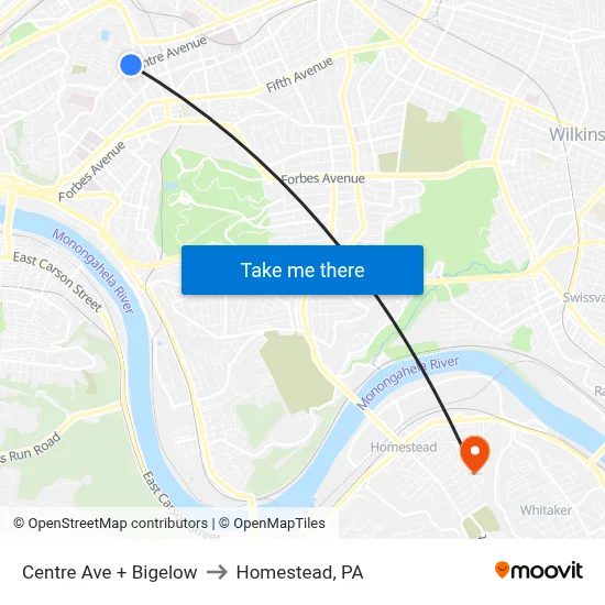 Centre Ave + Bigelow to Homestead, PA map