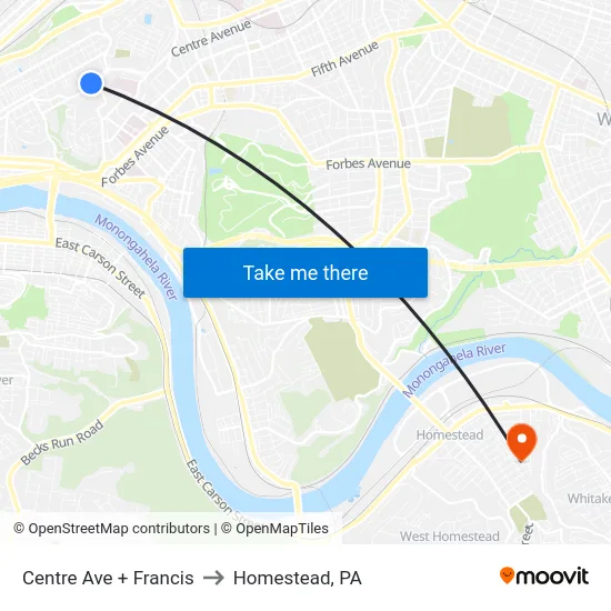 Centre Ave + Francis to Homestead, PA map