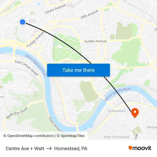 Centre Ave + Watt to Homestead, PA map
