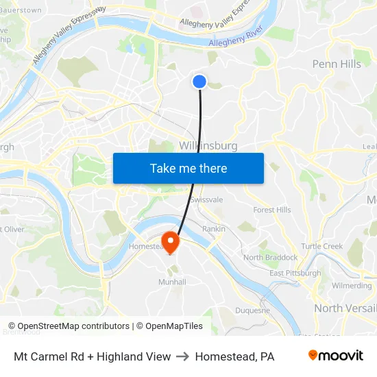 Mt Carmel Rd + Highland View to Homestead, PA map
